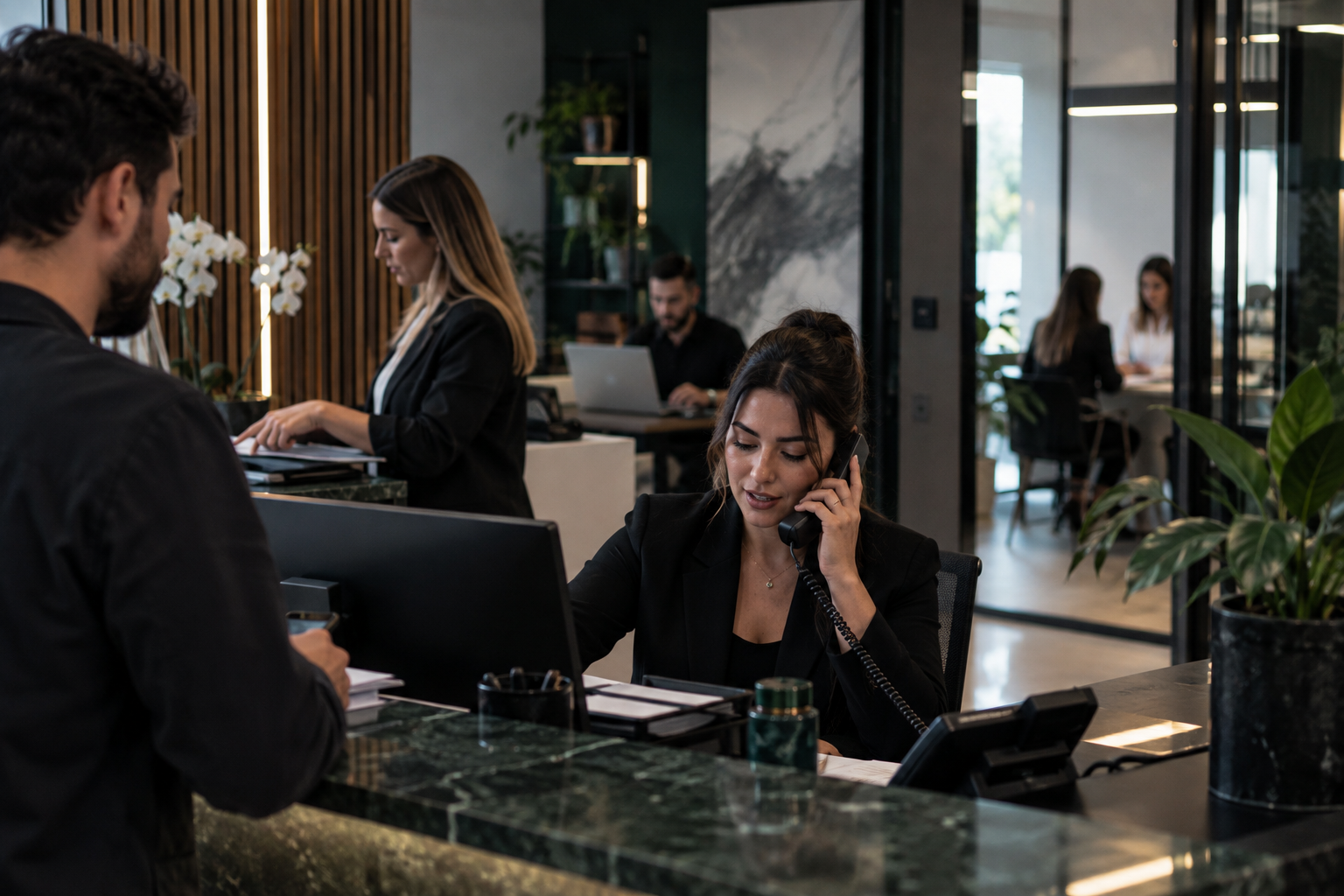 A receptionist on the phone welcoming a new client at a green marble desk