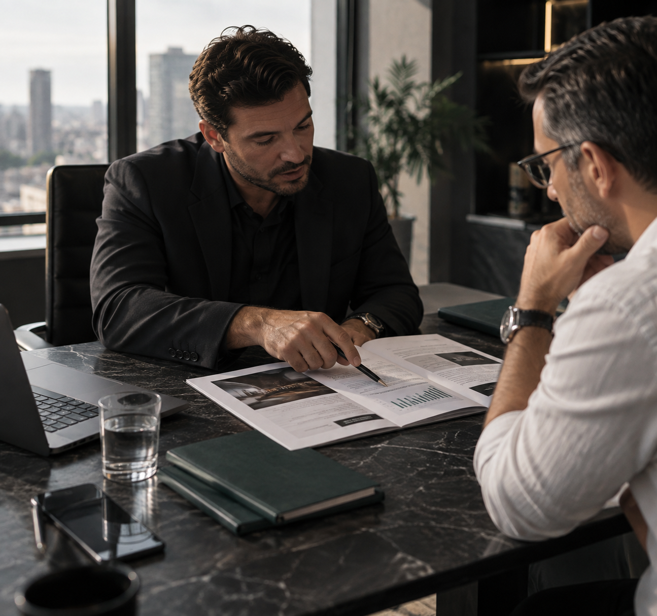 A consultant walking a business owner through a sales report