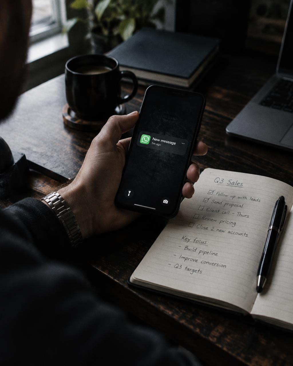 A phone showing a new WhatsApp enquiry
